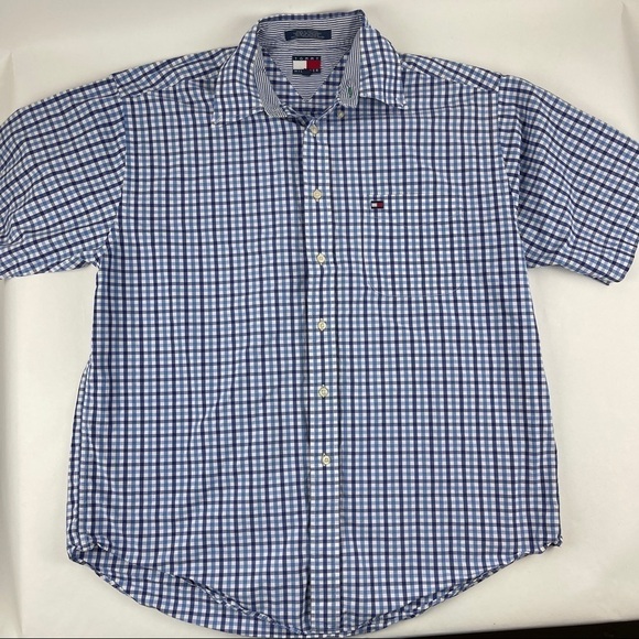 Tommy Hilfiger Button Up Shirt Mens Large Blue Plaid Short Sleeve - Picture 1 of 8